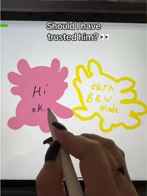 A person's hand holding a stylus is interacting with a digital drawing application. The interface has two colorful thought bubbles, one pink and one yellow, and the background is white. The application appears to be showing a B&W Mode in a digital art program, as prompted by the text.