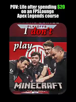 The image shows a dark background with a framed image of four smiling young men, seemingly esports players, with text overlays. The text is in capital white, red and green fonts. The overall composition appears to be a humorous meme related to an Apex Legend course.