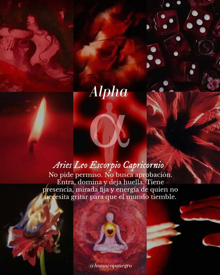 A collage of red images, centered by a text overlay that reads "Alpha" and "Aries, Leo, Escorpio, Capricornio". The collage also features various images, including dice, candles, flowers, and a figure meditating.