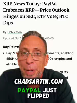 A man with glasses giving a look toward the front, with the background showing a news article about XRP on Paypal, as well as overlayed text in the bottom of the image
