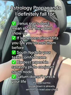 A selfie-style image with the creator in the driver's seat, a list on the right and text overlays. The creator is wearing a black hat, pink glasses, and a tank top. The background is a car interior and outside.
