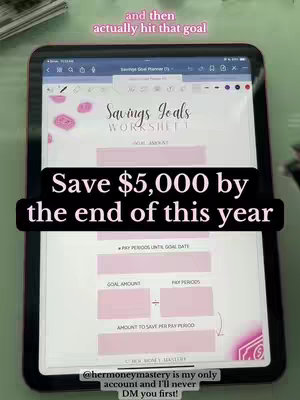 A tablet displaying a budgeting worksheet with text overlayed. The tablet is black with a light pink border, set against a light green surface. The worksheet has text and pink highlighted sections. A black bar with white text at the bottom includes the creator's username and a call to action.