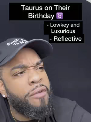 A close-up shot of a Black man wearing a black cap. The man is looking slightly off-camera with a contemplative expression. Text overlays in the top-left corner describe a relevant zodiac sign, and additional bullet points describe associated personality traits.