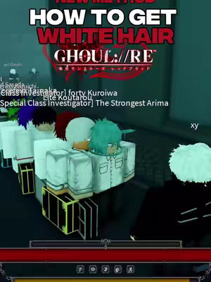 The image is a screenshot from a video game featuring multiple avatars, lined up. The avatars are in a row, with varying hair colors and styles. Above, there's red text that says “NEW METHOD” and below it “HOW TO GET WHITE HAIR.” The bottom of the screen features gameplay elements. Background is a dimly lit interior hallway.