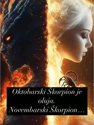 The image is split vertically with two contrasting sides, one dark and fiery and the other light and serene. On the left, a shadowy figure with burning eyes emerges from flames, symbolizing intensity. On the right, a woman appears with a soft, golden glow emanating from her, suggesting calmness. Text is overlaid, conveying zodiac-related information. A scorpion is in the center near the bottom, between both sides. The composition uses strong color contrast to define the opposing themes of fire and ice.