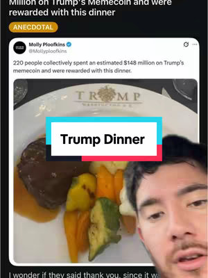 The image is a screenshot of a Twitter post about a dinner given to those who spent a large amount on Trump's memecoin. The screenshot focuses on a plate of food with a blue rectangular text overlay that reads 'Trump Dinner'. A man's face is visible in the bottom right corner. The color palette is dominated by the food's colors (brown, yellow, green) and a mix of light and dark tones indicating a well-lit setting.