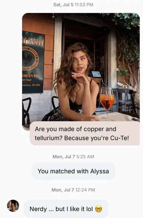 A screenshot of a dating app conversation. A woman is seated at an outdoor restaurant. Text bubbles show the conversation with a potential match. The woman is wearing a low-cut top and looking at the camera.