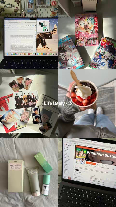 A collage of images showing the creator's life, including a laptop with text, various manga/anime, skincare, snacks, and photographs.