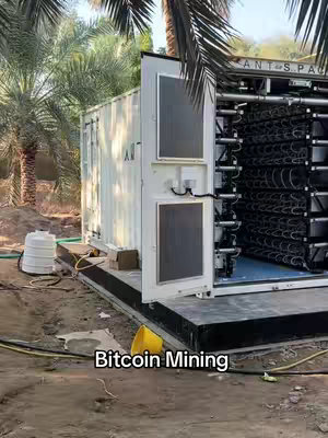 An outdoor scene featuring a white container or module, likely for industrial purposes, positioned on a dark, raised platform. The container has an open door revealing what appears to be a cooling or ventilation system. Palm trees and greenery are in the background. The ground in the foreground is dry with a yellow bucket lying nearby.