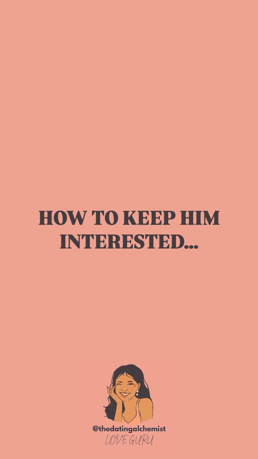A vertical image with a peach-colored background. In the center, dark gray text reads, 'HOW TO KEEP HIM INTERESTED...'. Beneath, a cartoon illustration of a woman with dark hair, a light skin tone, and an off-the-shoulder top rests on her chin with her hand. She is smiling with an open eye, and has earrings. Her name and description as a 'LOVE GURU' are beneath her.