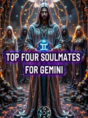 An artistic cover image shows a central male figure in long robes holding a glowing orb with the Gemini symbol. Behind him stand four figures with hooded cloaks, and the background has a mystical, celestial appearance.