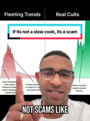 A man in glasses points upwards at a graph comparing "Fleeting Trends" and "Real Cults." The man is in the foreground with the graph as background. Below him is the text "NOT SCAMS LIKE." The graph shows what appears to be a stock chart. It has red and green sections, and labels explain the market trends being displayed.