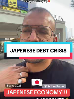 A man in glasses stands outdoors giving analysis. The main hook says 'Japnese Debt Crisis'. Several other text overlays and Japanese flag icons, are also present, with other text labels like QE is Inevitable.