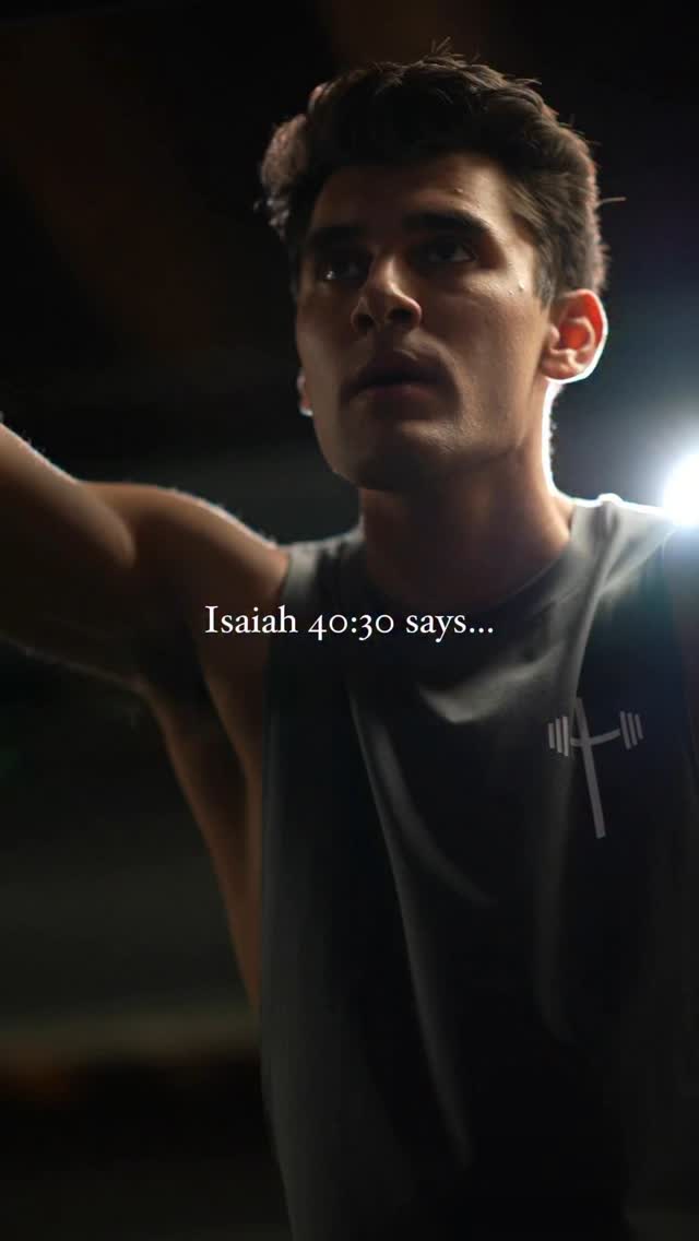 The cover image features a close-up shot of a man in a dimly lit, possibly a gym. The lighting is focused on the man's face, which is turned slightly upwards. He appears to be gazing with a focused expression. Text overlayed is a white caption with the bible reference.