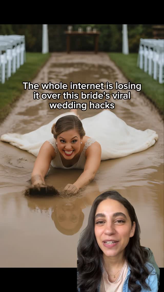 The cover image is a split-screen. On top, a woman in a wedding dress is in a muddy puddle, smiling wide and reaching forward. Behind her is a line of white chairs, indicating a wedding venue. The bottom part of the image shows a woman with dark hair smiling and looking at the camera.