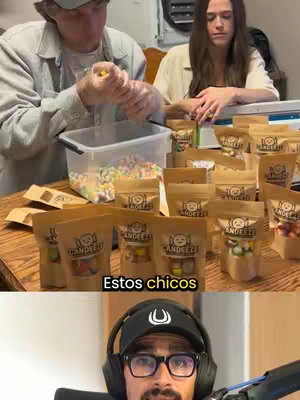 The cover image shows a split screen. The top half features two people, a man and a woman, handling and packaging candy. There are brown, candy-filled bags and a clear bin. The bottom half shows a picture of a man with glasses in front of a microphone, looking at the camera.