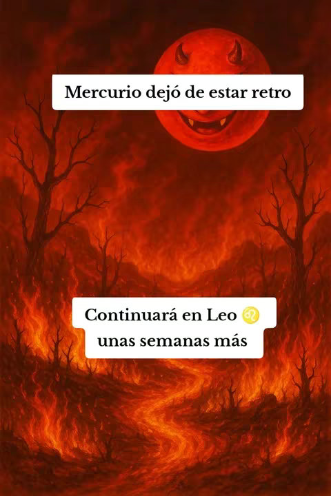 The image is a digital artwork with a fiery red and orange gradient background, resembling a hellscape. Two white rectangular text boxes are overlaid, one at the top and one in the middle. The top box reads "Mercurio dejó de estar retro". Below it is a round, red planet-like object with a face, complete with horns. In the lower text box, reads "Continuará en Leo unas semanas más".