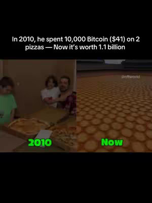 A split-screen image. The left side depicts a family scene with a man holding two children, with a pizza in front of them. The right side is a simulation of digital coins. Text overlays provide context about Bitcoin and pizza.