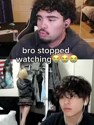 The image is a split screen. The top half shows a person with dark, curly hair and a mustache looking towards the right, wearing a black hoodie, and has earbuds. The bottom half shows two people, one with long blonde hair wearing a black outfit and the other with dark hair. The overlay text reads bro stopped watching with several crying face emojis.