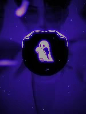 The image features a dark, blurry, purple background that seems to be a visual effect or animation. In the center is a dark, circular object with a stylized, pixelated ghost within it. The ghost is white and seemingly outlined against a black background within the circle with blue-light effects.