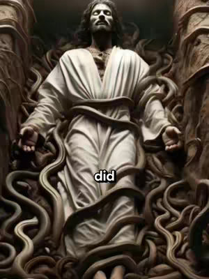 A digitally created image featuring a statue of Jesus in a white robe, surrounded by what appear to be intertwined, serpentine forms. The central figure is rendered in a light color palette, and a text overlay reading “did” is at the bottom.