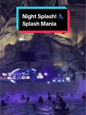 Cover image for a night splash event. Features a large indoor water park with a pool filled with people. The scene is lit with purple and blue hues. On top of the scene is a colored rectangular box with white text about the event.