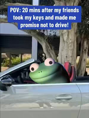 The image features a cartoon-style frog peeking out of a silver convertible car. The frog has a green body, large, round, pink-rimmed eyes, and a slightly open mouth. Above the frog is a blue banner with white text that reads, "POV: 20 mins after my friends took my keys and made me promise not to drive!"