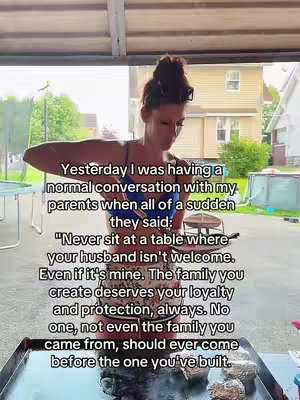 The cover image shows a woman standing near a grill. She is wearing a blue top and has her hair up in a bun. Text is overlaid on the image with a message about family and loyalty.