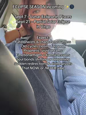 The image shows a woman in a car, with text overlayed. The text lists upcoming astrological events and expectations.