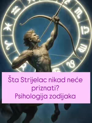 An illustration featuring a muscular centaur, aiming an arrow with a bow against a background of a circular zodiac symbol. Overlayed on the image is a pink banner with white text.