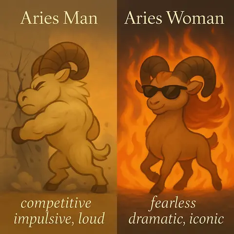 The image is split into two vertical sections, each with a golden-yellow background. The left side shows a white ram pushing against a stone wall with the text "Aries Man" above it and "competitive, impulsive, loud" below. The right side depicts a white ram in flames wearing sunglasses with "Aries Woman" at the top and "fearless, dramatic, iconic" underneath.