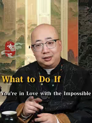 A middle-aged Asian man with glasses is centered in the frame, smiling and speaking directly to the viewer. Above him, the text overlay reads, "What to Do If", followed by the text "You're in Love with the Impossible". The background features a mix of vertical, patterned panels in muted colors, creating a layered visual effect.