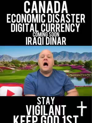 A man with a surprised expression is in front of a golf course. Text overlays announce a financial event and call for vigilance.