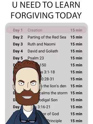 The cover image features a cartoon version of a man with a beard and glasses, set against a backdrop that appears to be a screen displaying a list of biblical passages associated with forgiveness. The text overlay contains the phrase "U NEED TO LEARN FORGIVING TODAY."