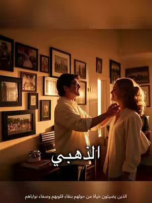 A warm-toned image shows a man and a woman in a well-lit room, likely indoors. The man, wearing a light-colored shirt, is gently adjusting the woman's collar, while she smiles up at him. The background is adorned with several framed pictures, adding to the intimate and cozy atmosphere.