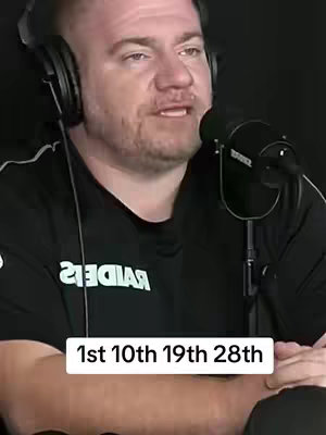 A man wearing headphones and a black shirt is speaking into a microphone, likely in a podcast setting. The background is dark, and text at the bottom reads '1st 10th 19th 28th.'