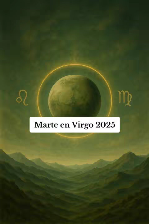 The cover image showcases a celestial theme with a gradient, dark green backdrop. A large, pale green planet dominates the center, encircled by a bright, golden halo. Above the planet, golden symbols, presumably astrological, flank the top corners. Below the planet, a white rectangular box displays the text "Marte en Virgo 2025" in a clear, sans-serif font.  At the bottom, a stylized, textured landscape of rolling hills in varying shades of green completes the design.  The overall composition is well-balanced with a slightly fantastical vibe, suitable for astrology based content.