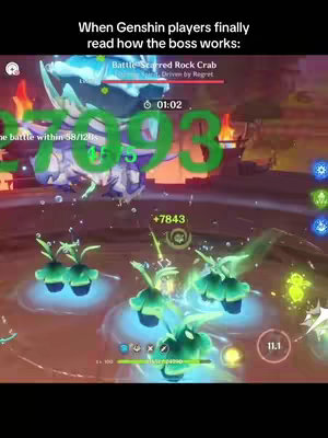 The image captures an in-game battle from Genshin Impact, filled with vibrant visual effects. The main focus is a monster, partially obscured by the action, with large numbers indicating damage. There's text at the top with impact font, along with in-game UI elements at the top and bottom, showcasing game details and a timer. The background bursts with bright colors and dynamic visual effects.