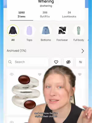 The cover image shows a woman in front of a mobile app UI. The app, "Whering," displays menu options like "Items," "Outfits," and "Lookbooks." The woman is centered, with text overlaid at the bottom, and seems to be discussing styling.