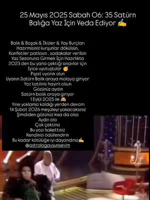 The cover image is a screenshot of a video with a black background. There is white text that appears to be an astrological forecast in Turkish. There are also two figures in the bottom left, who appear to be the creators.