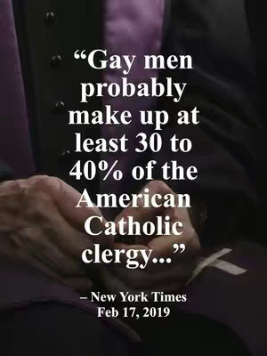 The image is a close-up shot focusing on hands and parts of clothing. The hands, presumably belonging to a person in a clerical context, are clasped together, suggesting thought or prayer. Dark fabric, possibly a suit or religious garment, forms the background. Overlaying this are large, white text boxes quoting the New York Times about the potential proportion of gay men in the American Catholic clergy.