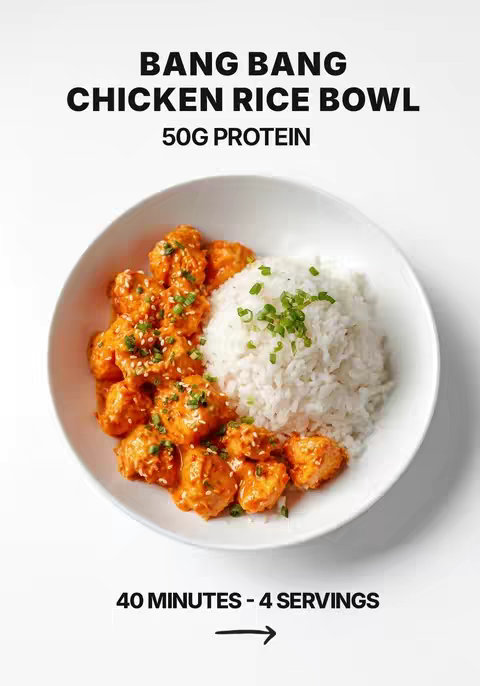 A white, square image featuring a close-up view of a Bang Bang Chicken Rice Bowl. The bowl is situated in the center, with white rice on the right and orange-glazed chicken pieces on the left. Green onions and sesame seeds are sprinkled on top. Above the bowl, it has the title "BANG BANG CHICKEN RICE BOWL" in bold, black uppercase font, and below is the text, "40 MINUTES - 4 SERVINGS" with an arrow. The background is all white.