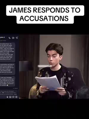 The cover image shows a man indoors reading a document. The top of the image has a text overlay that reads "JAMES RESPONDS TO ACCUSATIONS". The subject is at the center of the image, seated in a chair with light background. A text message interface is visible on the left.