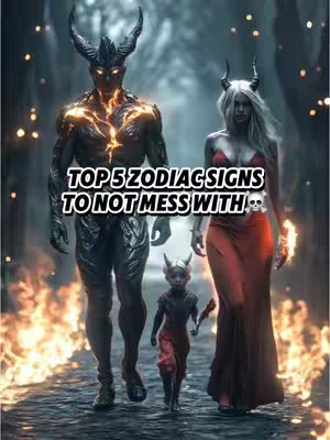A digitally created image. Features three figures in a dark and surreal setting. In the foreground, a muscular, horned figure with glowing orange energy emanating from its chest walks with an aura, followed by a slender woman in a red dress with horns and the smaller humanoid figure behind them. The background is a blurry, dark path with light, reminiscent of flames, along the sides. A text overlay reads: "TOP 5 ZODIAC SIGNS TO NOT MESS WITH."