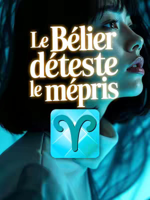 The image features a woman's face at a slight angle, the upper half is visible. The face is partially obscured by dark shadows. Overlaid is the text 'Le Bélier déteste le mépris' in a stylized, illuminated font. Below the text is a turquoise square with the Aries zodiac symbol.