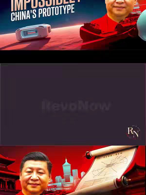The image is a vertical collage. The top section features a futuristic-looking device and text in a bold, modern font with blue and red color tones. Adjacent to the device is an image of a person in red attire. The middle is dominated by a purple gradient background with the logo "RevoNow". The bottom section features an inset of a person beside the backdrop depicting a cityscape, along with a scroll and architecture.
