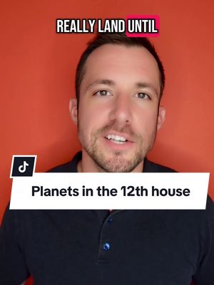A man with fair skin gazes directly at the camera against a bright red backdrop. The overlaying text hook at the top says 'REALLY LAND UNTIL' in a bold, white font, and a lower rectangular banner reads 'Planets in the 12th house'. The overall composition is a straightforward selfie with a plain background.
