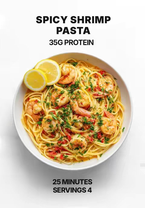 The image showcases a bowl of spicy shrimp pasta with two lemon slices as a garnish. The pasta is arranged in a white bowl against a clean white background. Text overlays at the top read 'SPICY SHRIMP PASTA' and '35G PROTEIN.' At the bottom, text indicates the dish takes '25 MINUTES' and serves 'SERVINGS 4.'