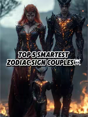 The cover image shows a digital illustration of three figures, depicted in dark, armored attire with glowing orange accents reminiscent of fire. The figures include two adults, a man and a woman, with the woman on the left having red hair and the man on the right sporting horns. A child, also in matching armor, stands in front of the adults, with each figure emanating a sense of power and otherworldliness against a smoky background. The composition features a fiery atmosphere with flames visible below.