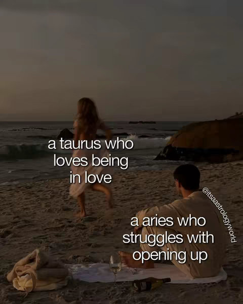 An image of a beach at sunset. A woman in a white dress is running in the distance, and a man is sitting on the beach with a bottle of wine and a glass, looking at her. Text overlays describe them in relation to astrology.